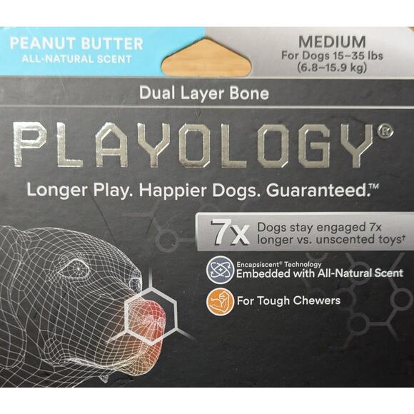 Playology Dual Layer Bone Dog Toy Peanut Butter Scent for Tough Chewers, Medium - Picture 6 of 9